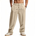 Men's Boho Linen Blend Wide Leg Pants High Waist Drawstring Button Fly Loose Fit Trousers with Side Pockets