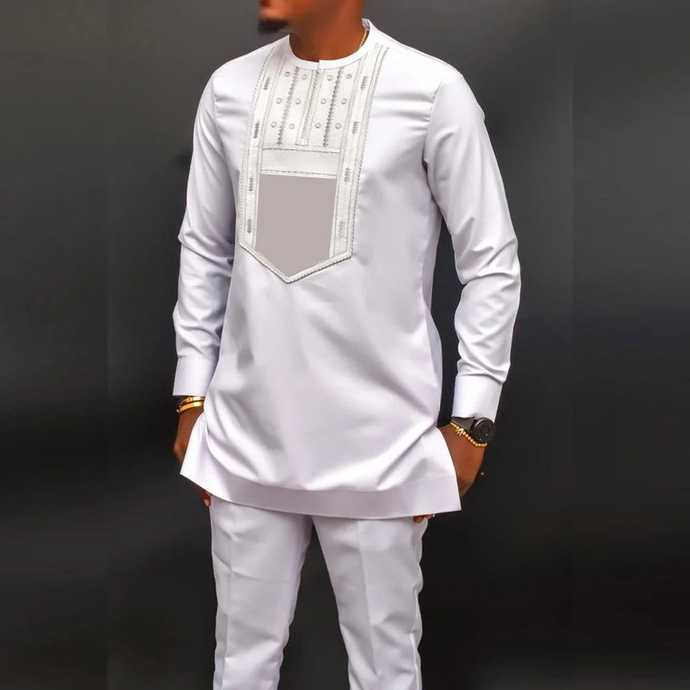 Wedding Suit For Men White Embroidered Pocket Top Pants Ensemble Homme African Traditional Casual Wear 2Pcs Sets Kaftan Outfits