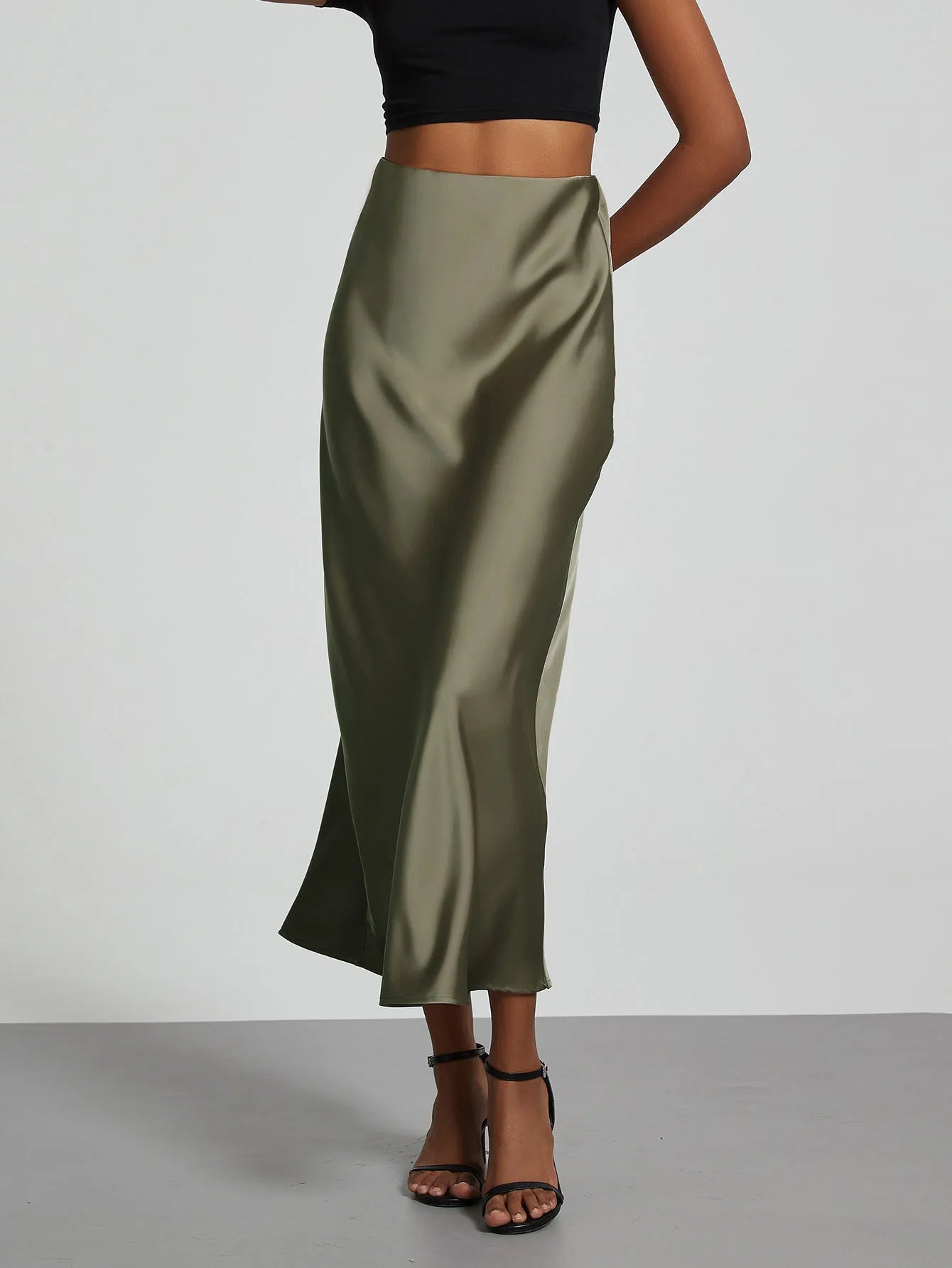 Minimalist Satin Midi Skirt  High Waist Bias Cut Flowy Hem Top for Office & Casual Streetwear