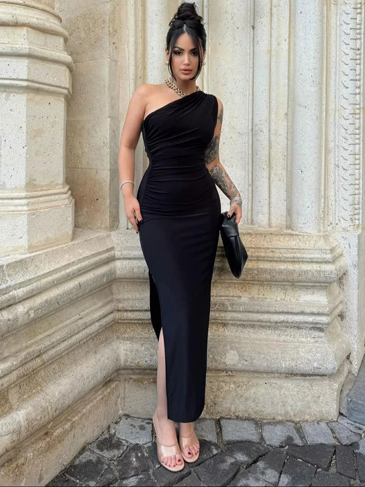 Women Maxi Dresses Sexy Split Black Sleeveless Backless Slim Dress Summer Female Fashion Off Shoulder Club Elegant Party Dresses
