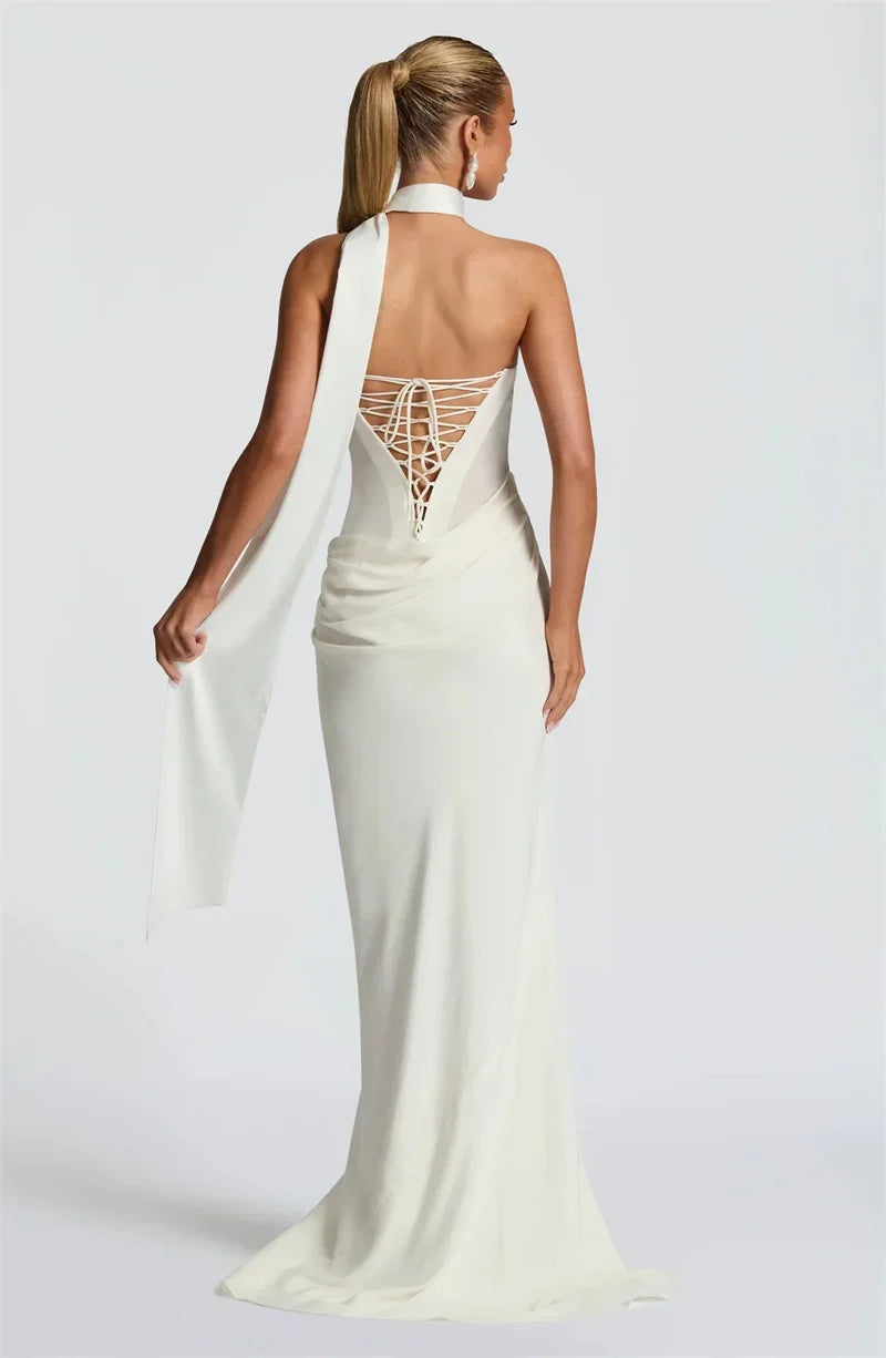 Off-shoulder Backless Sexy Maxi Dress Women Gown Elegant Scarf Collar Strapless Sleeveless Bodycon Club Party Dresses