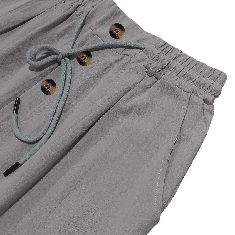 Men's Boho Linen Blend Wide Leg Pants High Waist Drawstring Button Fly Loose Fit Trousers with Side Pockets