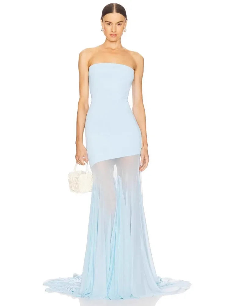 Off-shoulder Strapless Sexy Maxi Dress Women Gown Fashion Elegant Mesh Sleeveless Backless Bodycon Club Party Dresses 2025