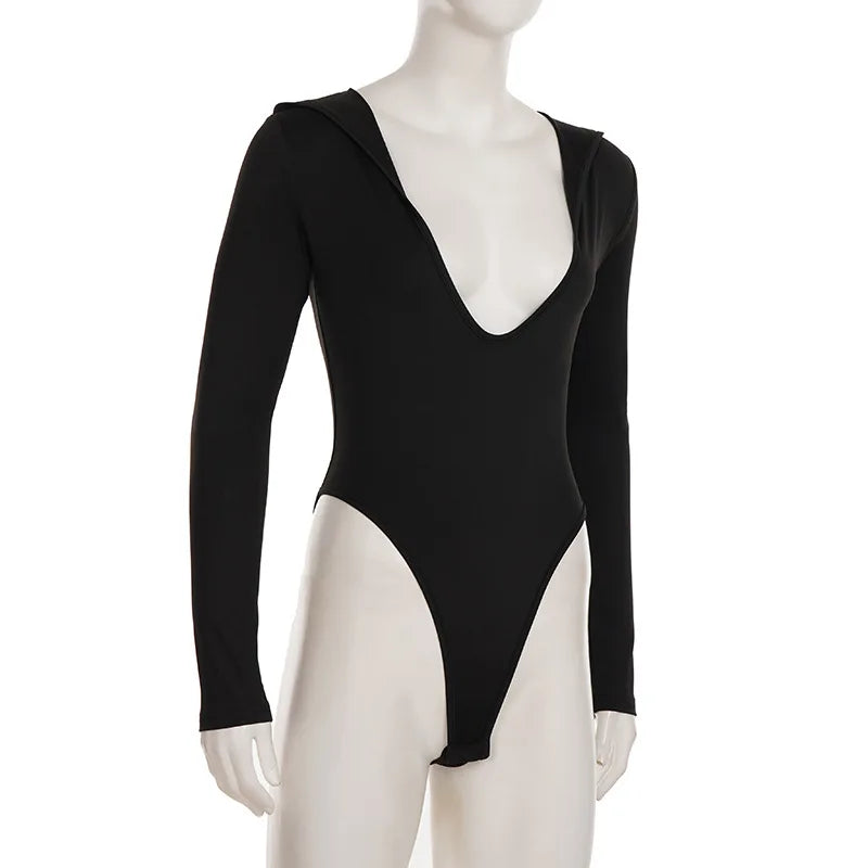 Hooded Bodysuit V-neck Body Feminino Long Sleeve Lingerie Sexy Tops Women Y2k Clothes Solid Black One-pieces Bustier Rave Outfit