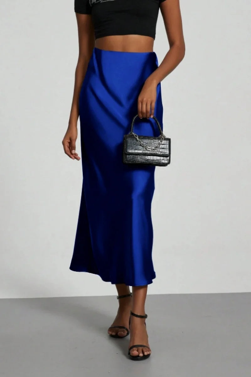 Women's Summer High Waist Silky Satin Draped Midi Mermaid Skirt Solid Flowly Bias Cut Long Slip Skirt Elegant Casual Bottoms