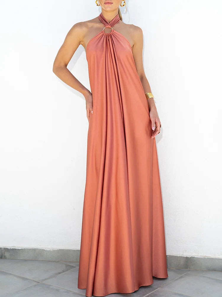 Elegant Women Solid Maxi Beach Dress Sexy Halter Neck Backless Lady Party Dress 2025 Summer Sleeveless Loose Long Dress Vestidos