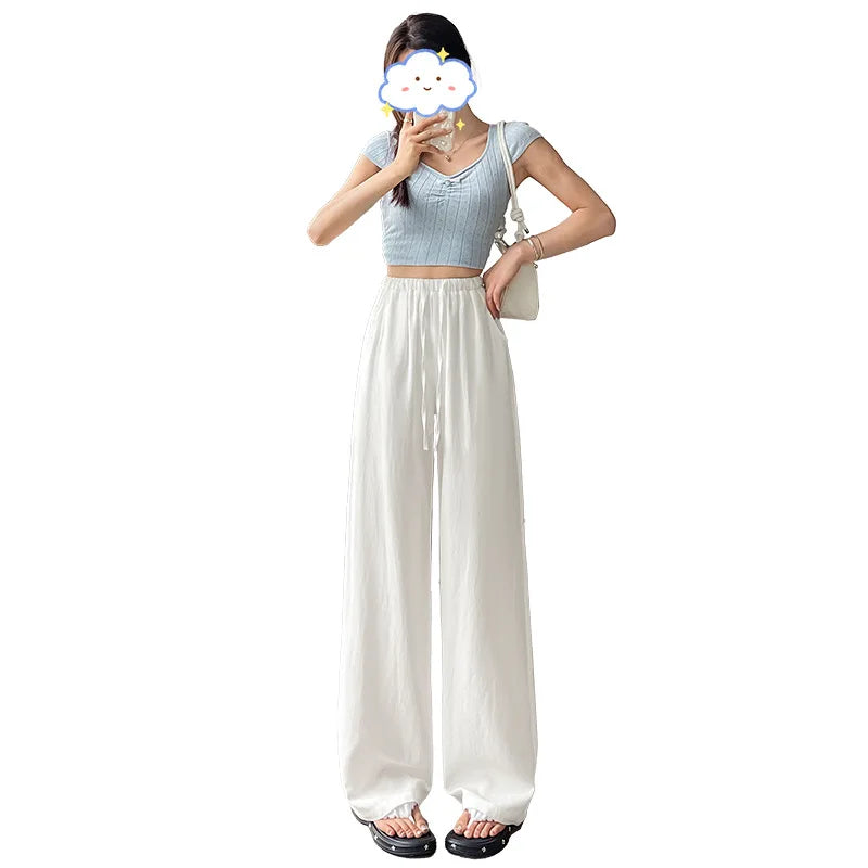 Women Navy Blue Cotton Linen Straight Wide Leg Pants 2026 New Thin High Rise Loose Lazy Fit Spring Summer Daily Casual Trousers