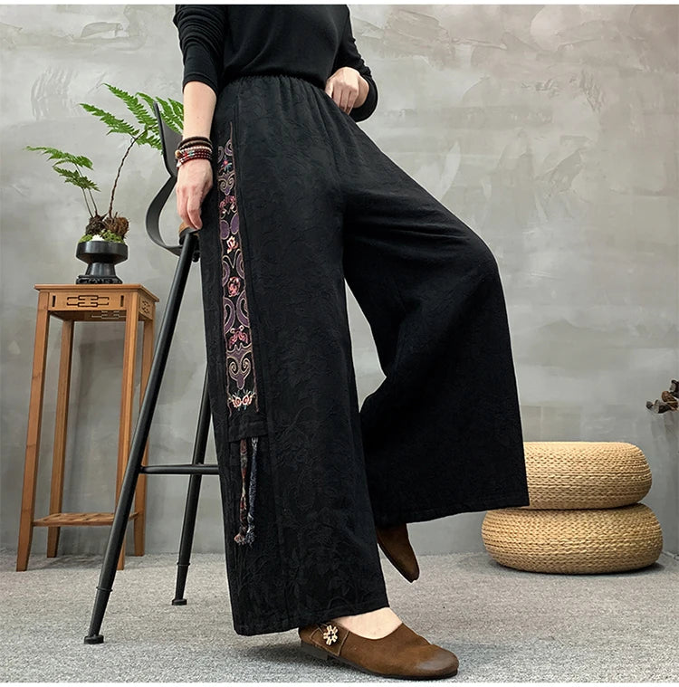 Ele Embroidered Cotton Linen Wide Leg Pants Women's Casual High Waist Trousers Spring Autumn New Sle Comfortable Loose Fit