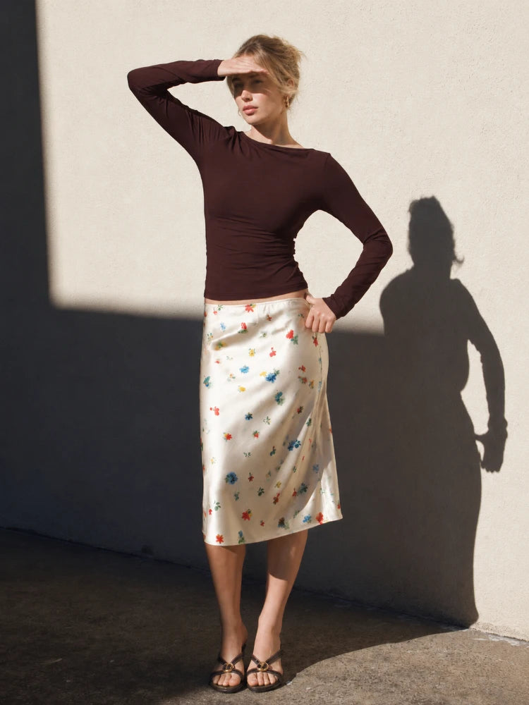 Women's Satin Floral Midi Skirt High Waist Bias Cut Slip Skirt Summer Casual A-Line French Style for Daily, Dating & Vacation