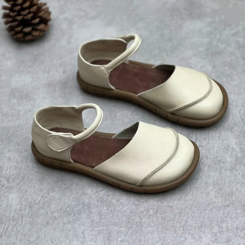 Soft Leather Women's Flat Shoes Retro Handmade Comfortable  2025 Summer Genuine Leather Fashion Black Casual Sandals Ladies