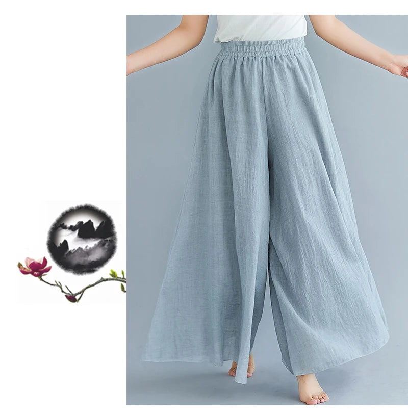 Cotton Linen Wide Leg Pants for Women Summer Casual Loose Pants High Waist Big Swing Skirt Capris Women Clothing PT-565