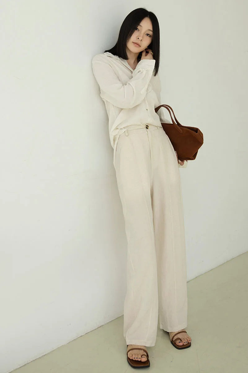 Women's Linen Lyocell Blend Wide Leg Pants Solid Color Versatile Casual Loose Straight Pants Spring Summer High Waist Trousers