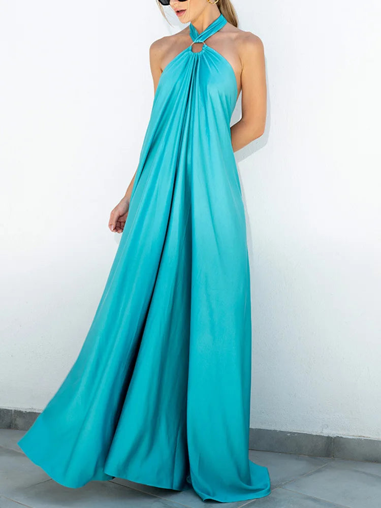 Elegant Women Solid Maxi Beach Dress Sexy Halter Neck Backless Lady Party Dress 2025 Summer Sleeveless Loose Long Dress Vestidos