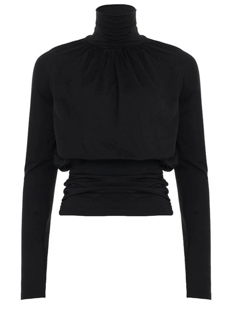 Solid Black T Shirts For Women Elegant Clothes Turtleneck Camisetas Lady Tops Long Sleeve Ropa De Mujer Shirring Feminist Shirt