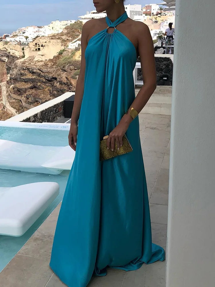 Elegant Women Solid Maxi Beach Dress Sexy Halter Neck Backless Lady Party Dress 2025 Summer Sleeveless Loose Long Dress Vestidos