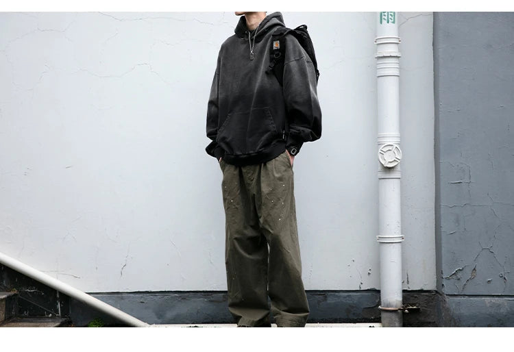 Mens Heavyweight Cotton Hoodie Oversized Streetwear Spring Autumn Garment Dyed Washed Ombre Pullover High Quality Sweatshirt