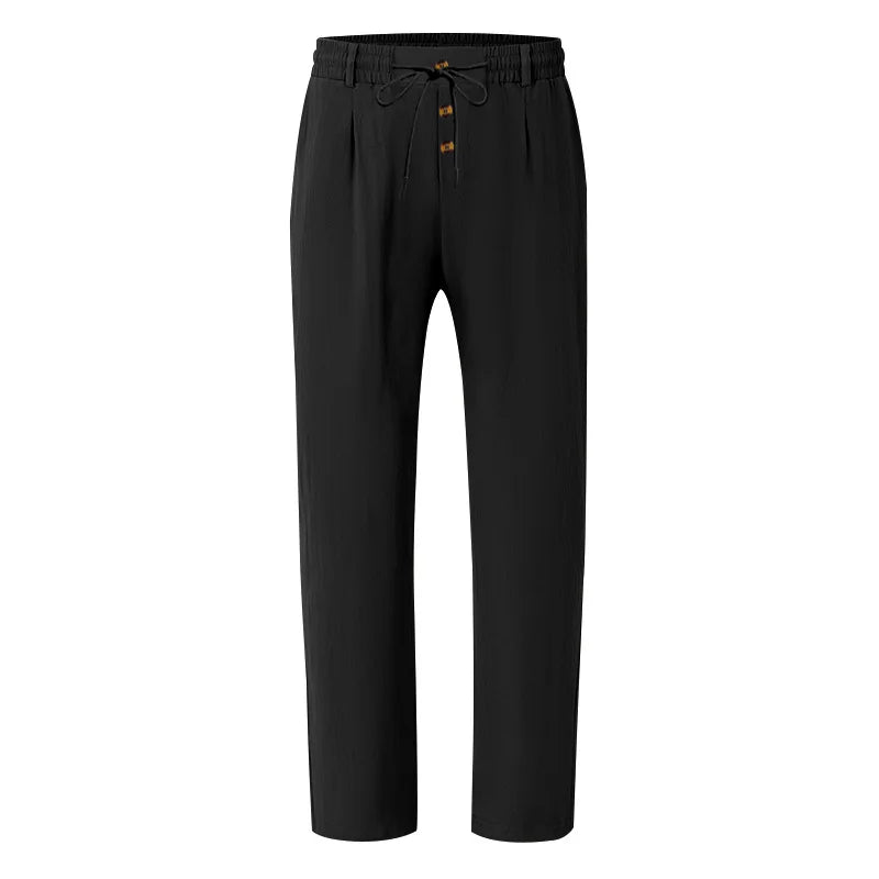 Men's Boho Linen Blend Wide Leg Pants High Waist Drawstring Button Fly Loose Fit Trousers with Side Pockets