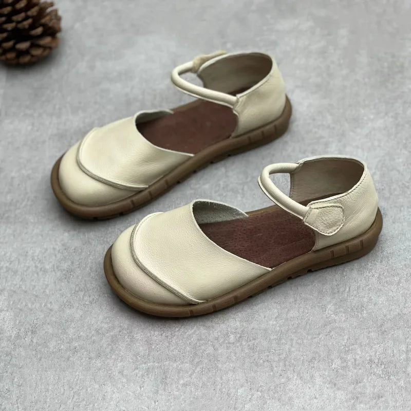 Soft Leather Women's Flat Shoes Retro Handmade Comfortable  2025 Summer Genuine Leather Fashion Black Casual Sandals Ladies