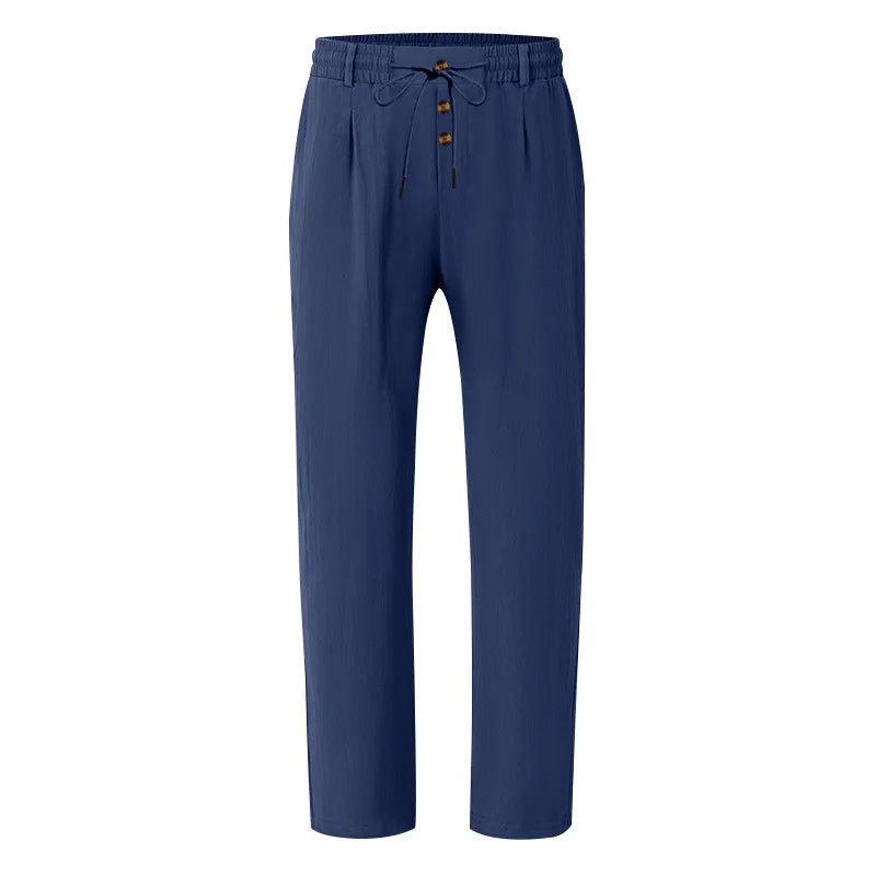 Men's Boho Linen Blend Wide Leg Pants High Waist Drawstring Button Fly Loose Fit Trousers with Side Pockets