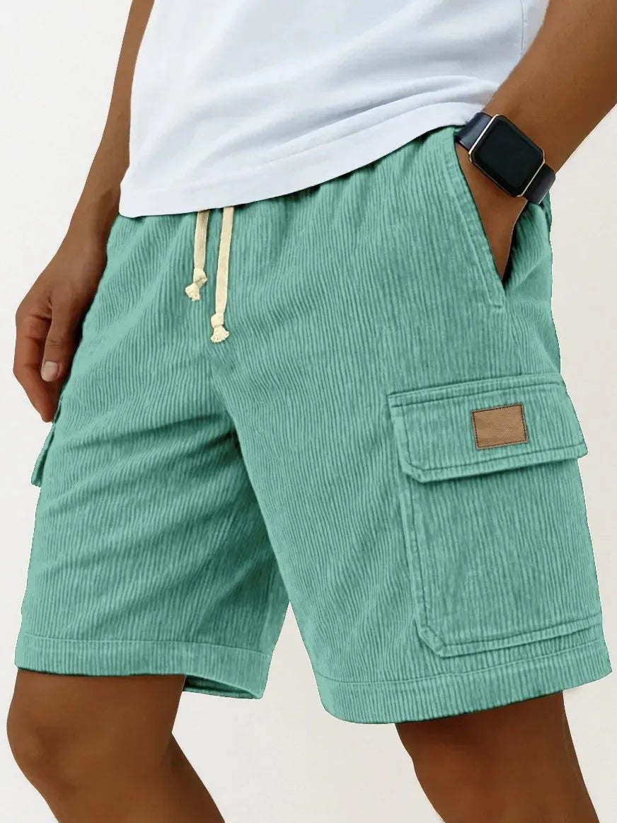 Men's Corduroy Work Shorts, Summer Loose Fit, Drawstring, Mid-Length, Multi-Pocket Striped Casual Shorts