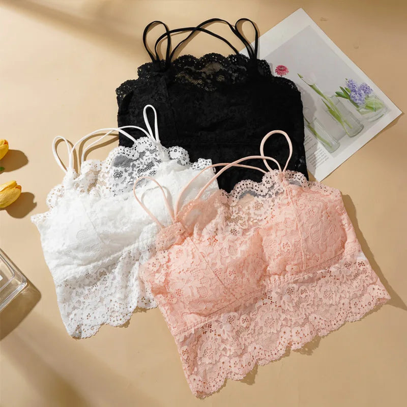 Ladies' Summer Sexy Backless Lace Camisole Underwear Underwire Bra Without Steel Rings Shoulder Straps For Support Breathable