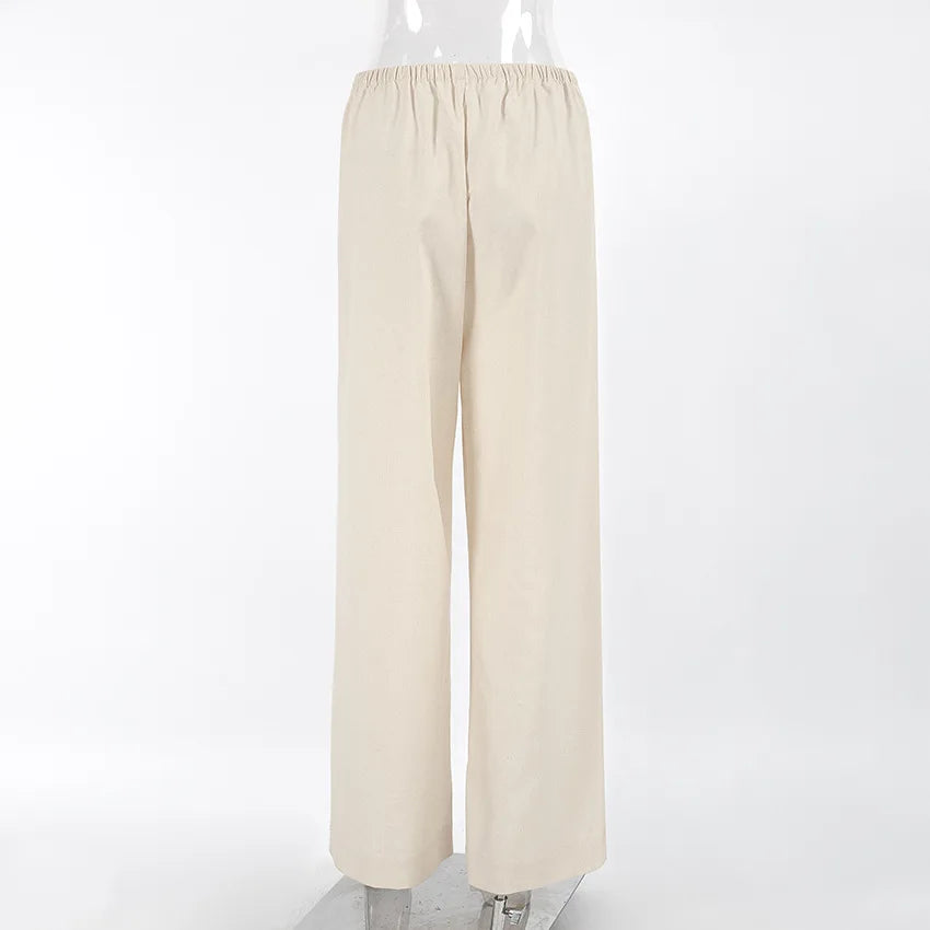 2025 Summer Linen Wide Leg Pants Women Casual Loose Pocket Trousers Office Commuter
