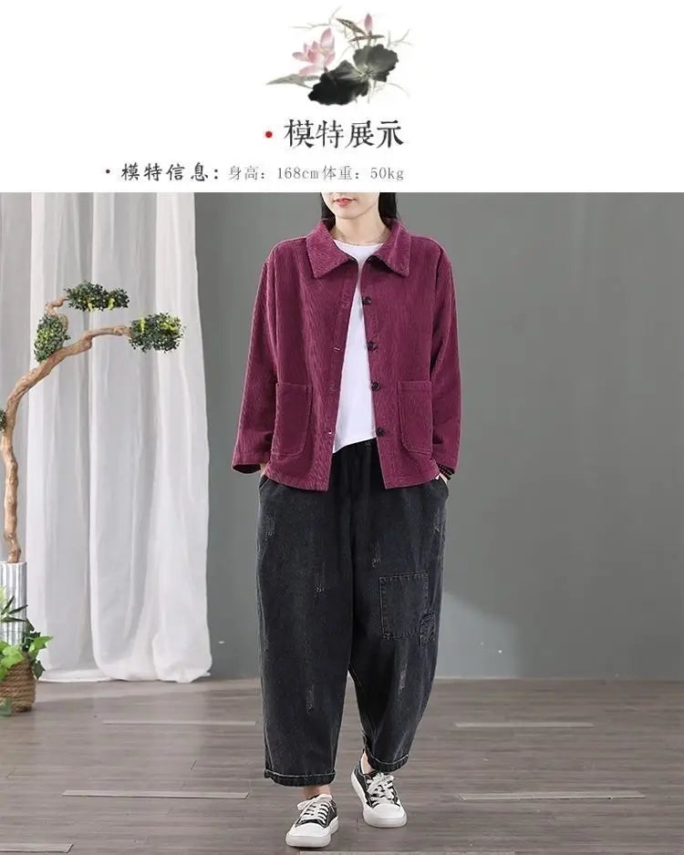 Corduroy Jacket Women's Shirt Spring Autumn New style Retro Long sleeved Loose Korean version High-end Lady Short Windbreaker