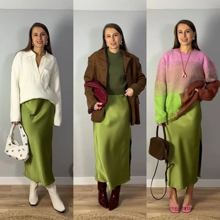 Midi Satin Skirts Women Luxury Summer Black Formal Silk Office Skirt With Slit A Line Green Midi Skirt Burgundy Women Elegant