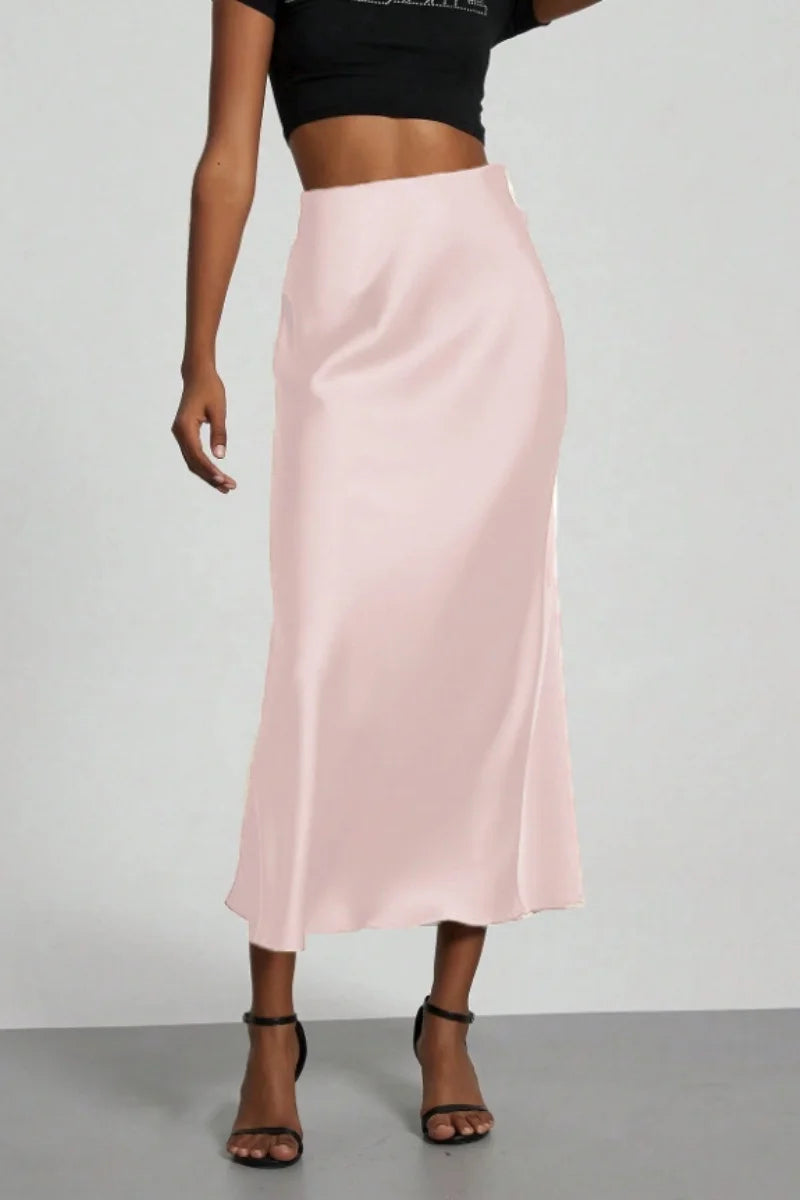 Women's Summer High Waist Silky Satin Draped Midi Mermaid Skirt Solid Flowly Bias Cut Long Slip Skirt Elegant Casual Bottoms