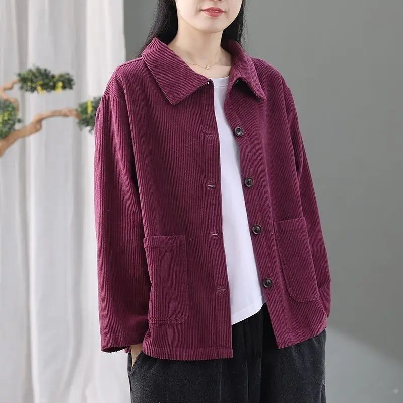 Corduroy Jacket Women's Shirt Spring Autumn New style Retro Long sleeved Loose Korean version High-end Lady Short Windbreaker