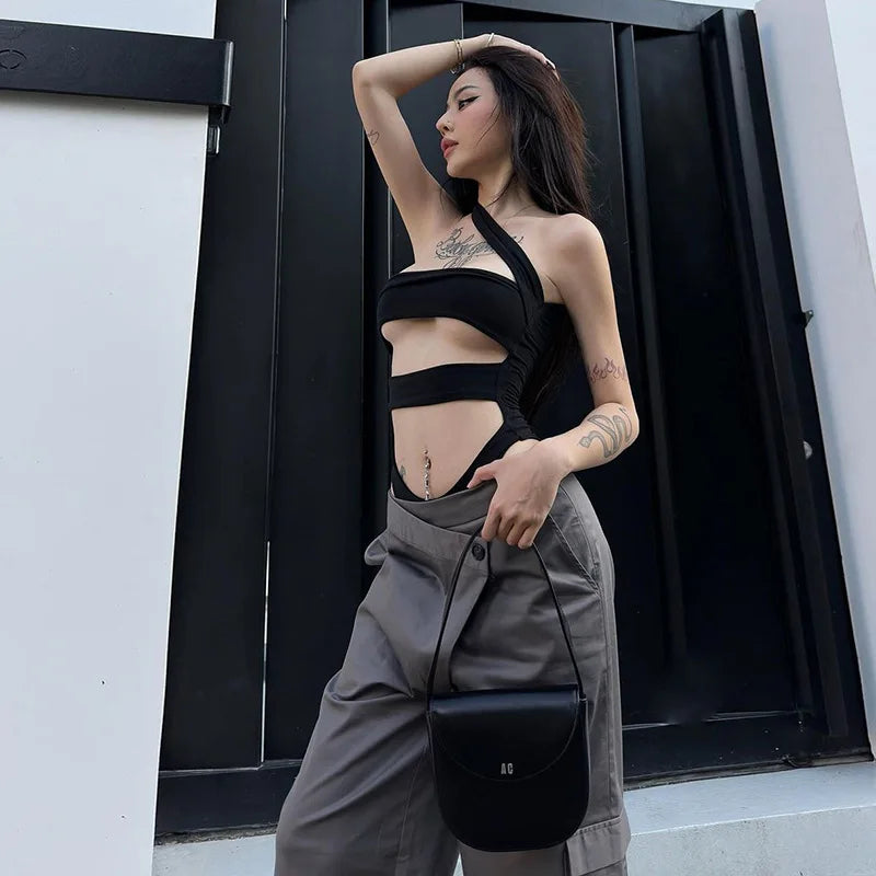 Solid Black Bodysuit Lingerie Sexy Tops For Women Club Outfit Inclined Collar Body Feminino One-pieces Hollow Out Y2k Clothes