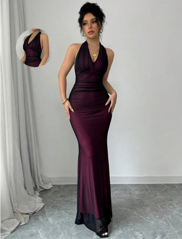 Summer Backless Sexy Maxi Dress Women Gown Patchwork Lace Halter Deep V Neck Sleeveless High Waist Elegant Long Dresses Vestido