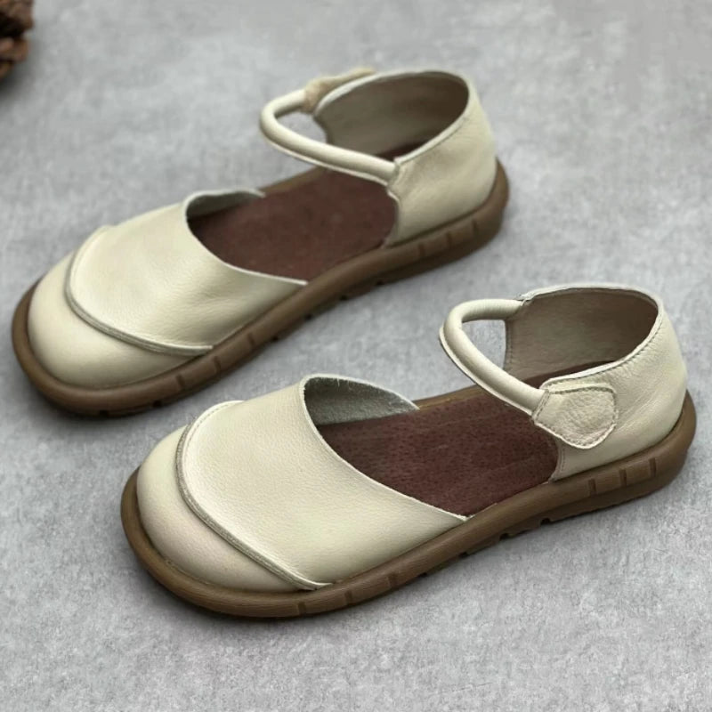 Soft Leather Women's Flat Shoes Retro Handmade Comfortable  2025 Summer Genuine Leather Fashion Black Casual Sandals Ladies