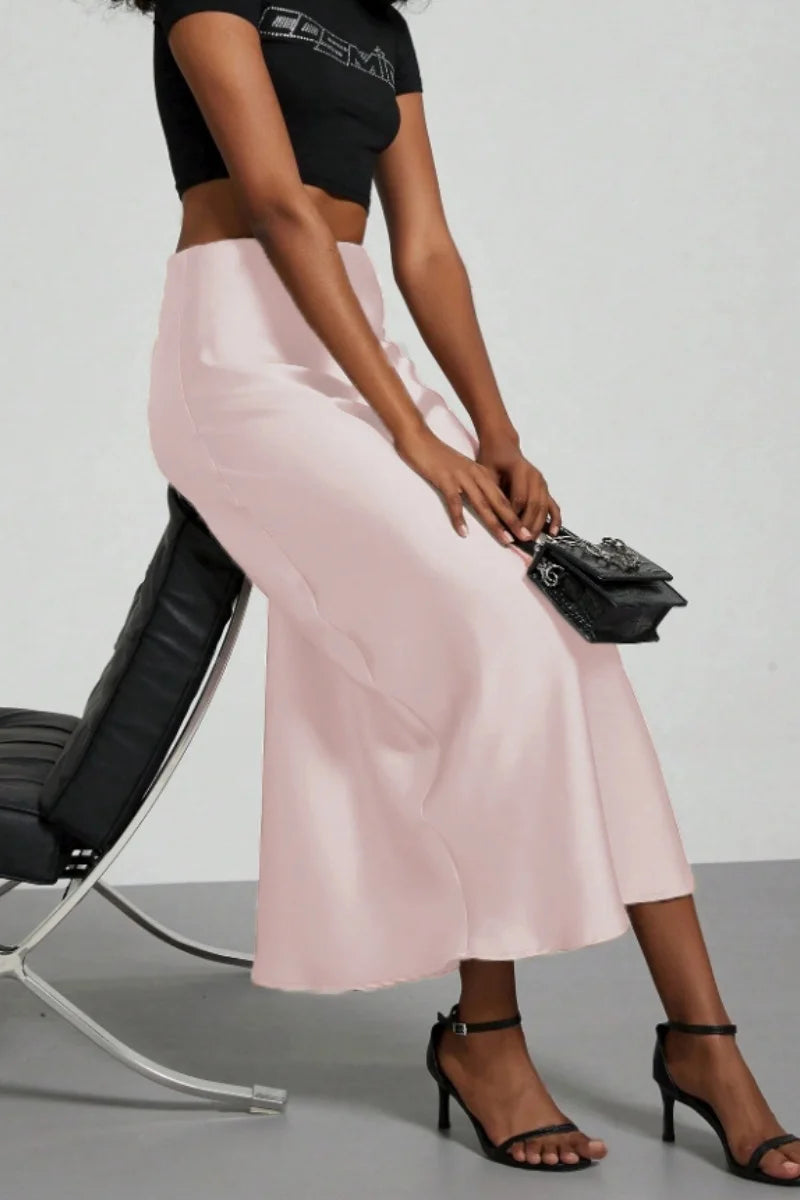 Women's Summer High Waist Silky Satin Draped Midi Mermaid Skirt Solid Flowly Bias Cut Long Slip Skirt Elegant Casual Bottoms