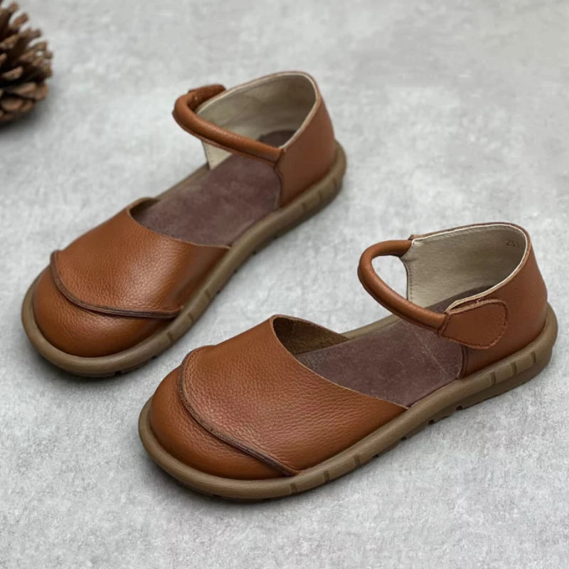 Soft Leather Women's Flat Shoes Retro Handmade Comfortable  2025 Summer Genuine Leather Fashion Black Casual Sandals Ladies