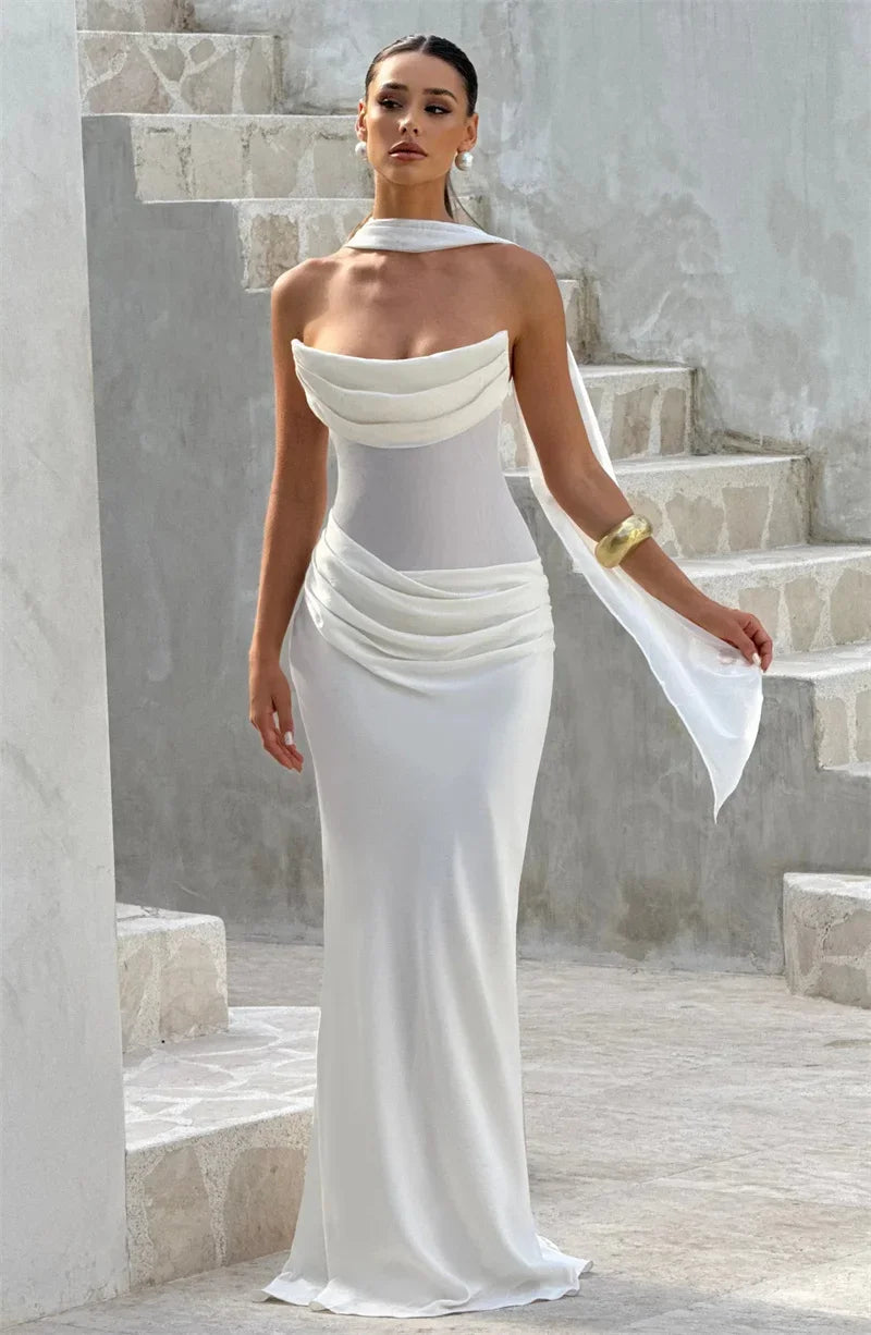 Off-shoulder Backless Sexy Maxi Dress Women Gown Elegant Scarf Collar Strapless Sleeveless Bodycon Club Party Dresses