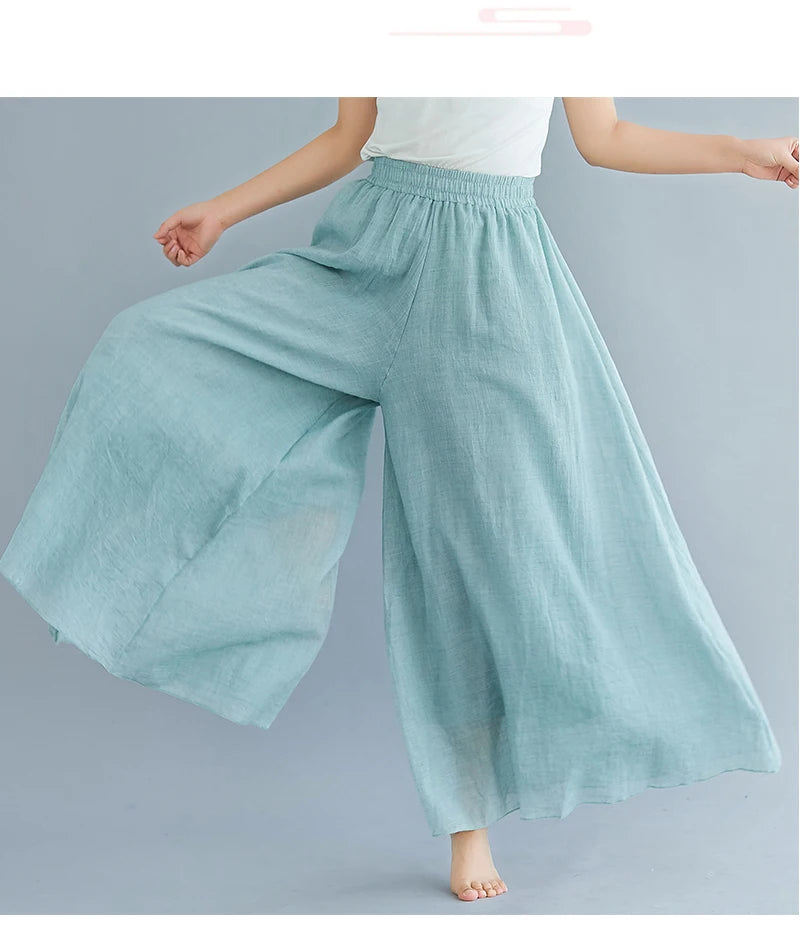 Cotton Linen Wide Leg Pants for Women Summer Casual Loose Pants High Waist Big Swing Skirt Capris Women Clothing PT-565