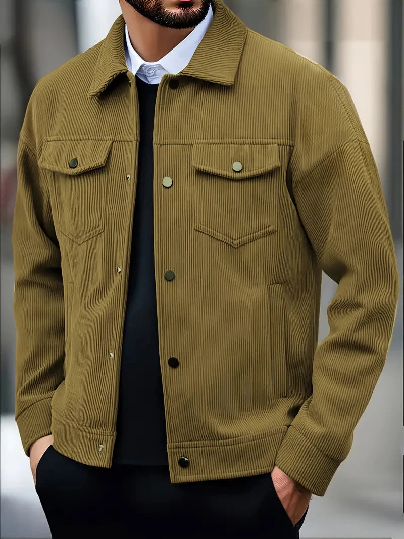 Men's Corduroy Trucker Jacket, Turn Down Collar Button Down Chest Pocket Casual Vintage Streetwear Coat