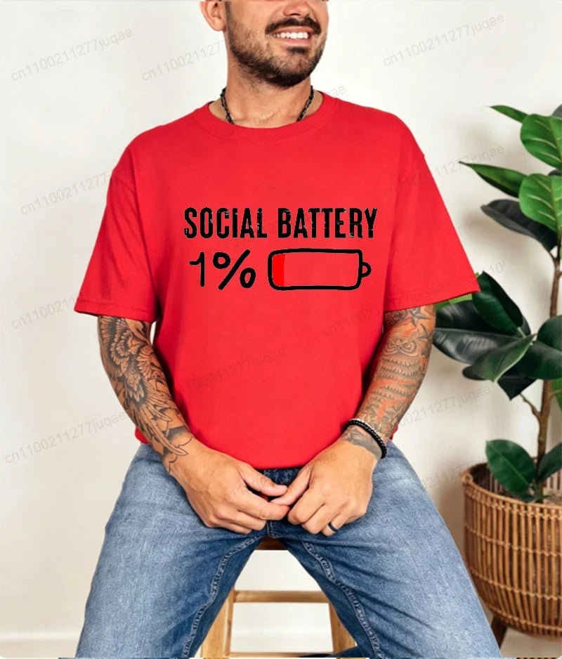 T-shirt for Men Social Battery 1 Percent Funny Introvert T Shirt Men Tops Casual Clothing Oversize Vintage Clothes Trend Tshirt