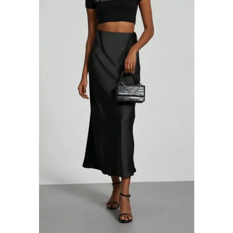 Women's Summer High Waist Silky Satin Draped Midi Mermaid Skirt Solid Flowly Bias Cut Long Slip Skirt Elegant Casual Bottoms