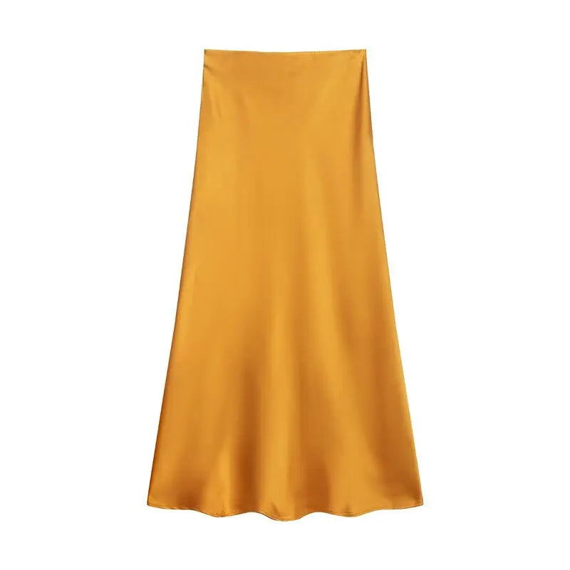 Silk Satin High Waist Slimming Casual Midi Skirt Pure Color Spring 2025 Women's Faion f-length A-line Skirt