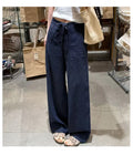 Women Navy Blue Cotton Linen Straight Wide Leg Pants 2026 New Thin High Rise Loose Lazy Fit Spring Summer Daily Casual Trousers