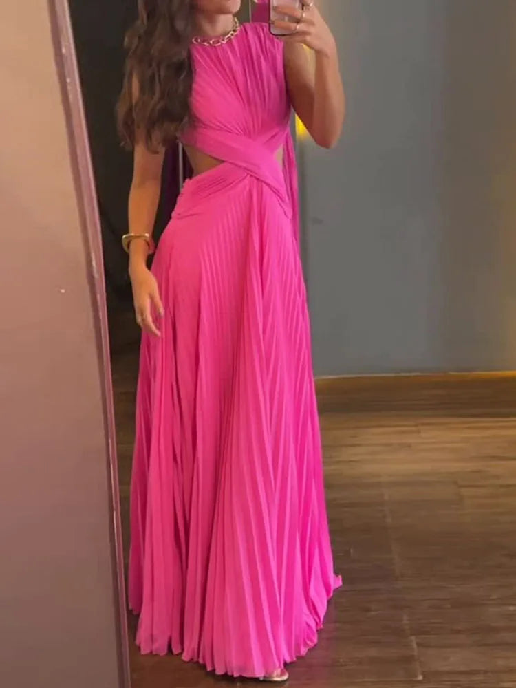 Backless Hollow Out Casual Maxi Dress, Women Summer Sleeveless Patchwork Sexy Party Dress, 2026 Solid Elegant Lady Draped Dress