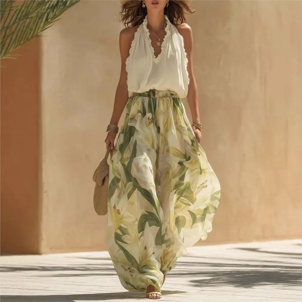 Ruffle Fashion Printed Trousers 2-piece Set Spring Summer New Women's Sexy V-neck Halterneck Waist Trousers Set Костюм Женский