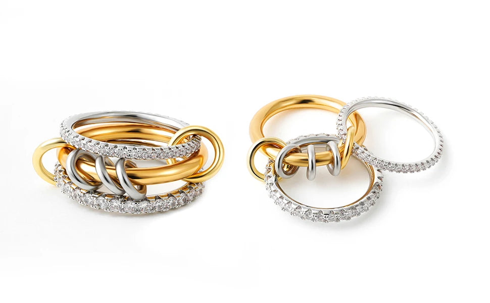 New Stainless Steel Cubic Zirconia Stackable Rings for Women 18k GoldPlating Multi-Link Connected Statement Ring Stack Jewelry
