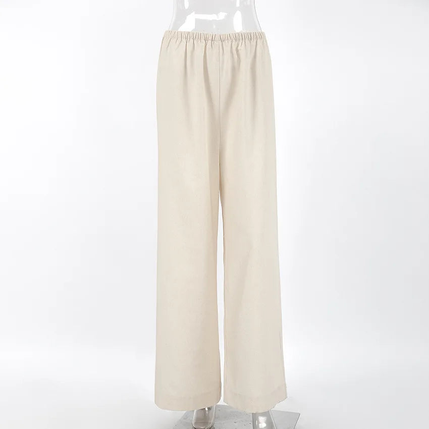 2025 Summer Linen Wide Leg Pants Women Casual Loose Pocket Trousers Office Commuter