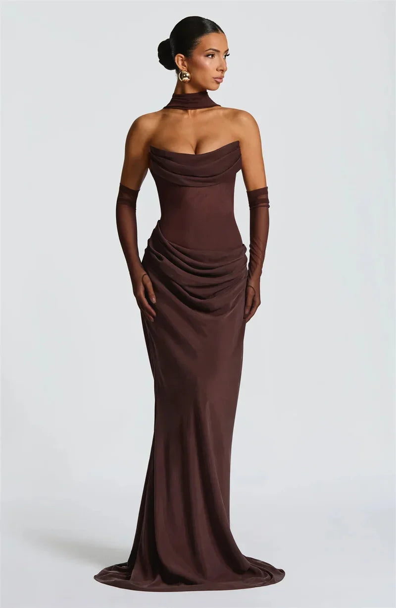 Off-shoulder Backless Sexy Maxi Dress Women Gown Elegant Scarf Collar Strapless Sleeveless Bodycon Club Party Dresses