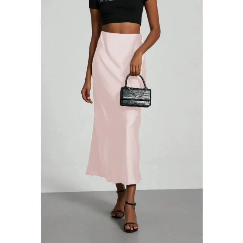 Women's Summer High Waist Silky Satin Draped Midi Mermaid Skirt Solid Flowly Bias Cut Long Slip Skirt Elegant Casual Bottoms