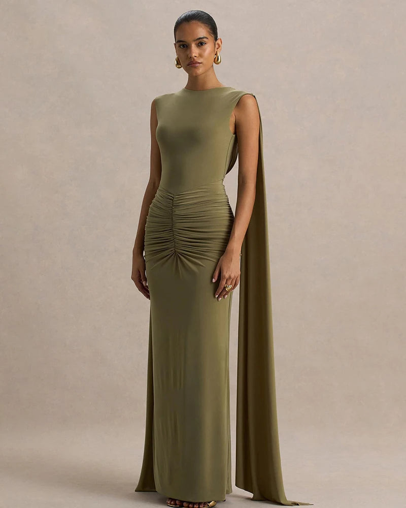 New Backless Evening Gowns Elegant Lady Bodycon Ruched Maxi Dress with Ribbon Fashion Women Sleeveless Prom Dress for Party