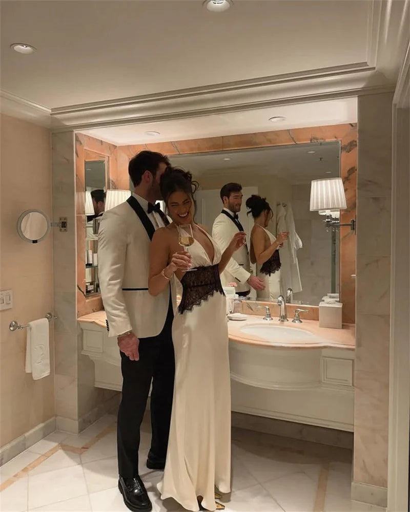 2025 Summer Backless Sexy Maxi Dress Women White Black Gown Lace Patchwork Halter Deep V Neck Sleeveless Party Club Long Dresses